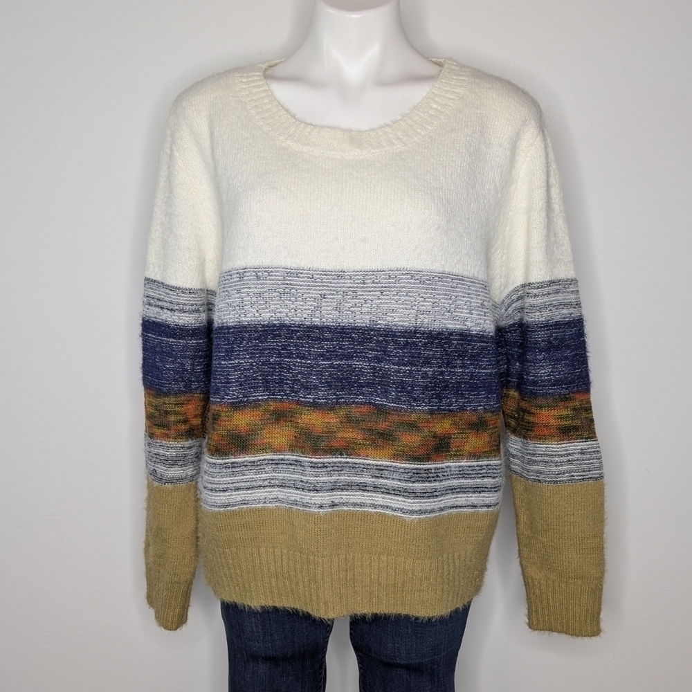 Fate Formosa White Tan Blue Color Block Striped Sweater XL